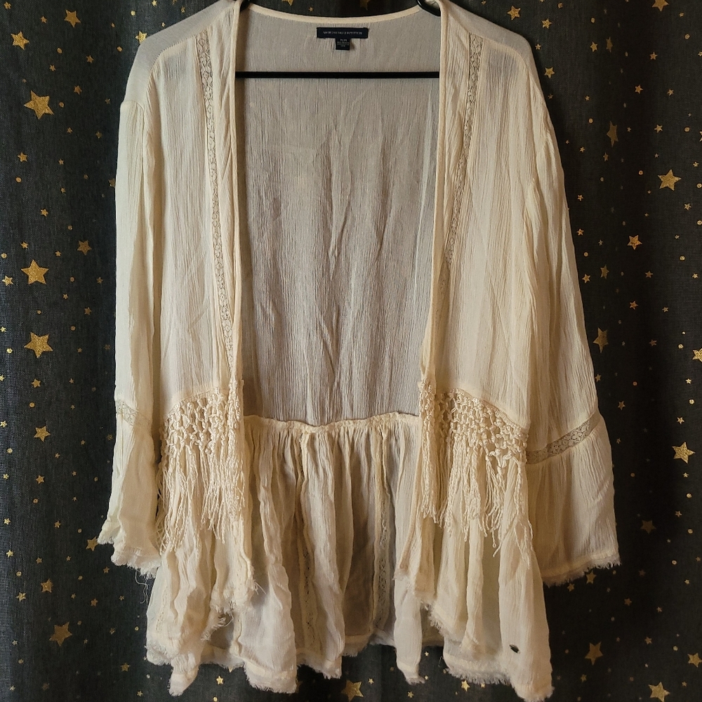 American Eagle Outfitters | Cream Flowy Cardigan With Fringe Detail